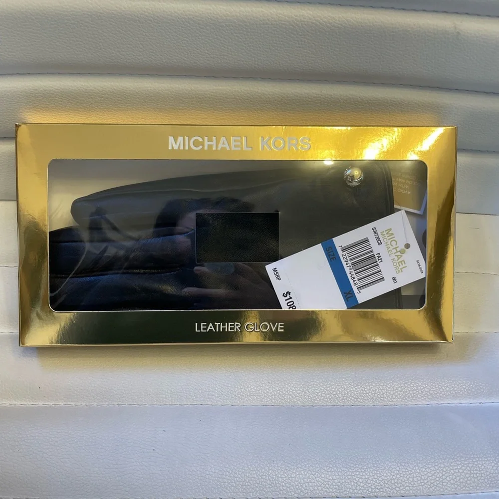 Michael Kors Leather Black Gloves Gold Button Touch Tip Gift Box MSRP $108 NEW